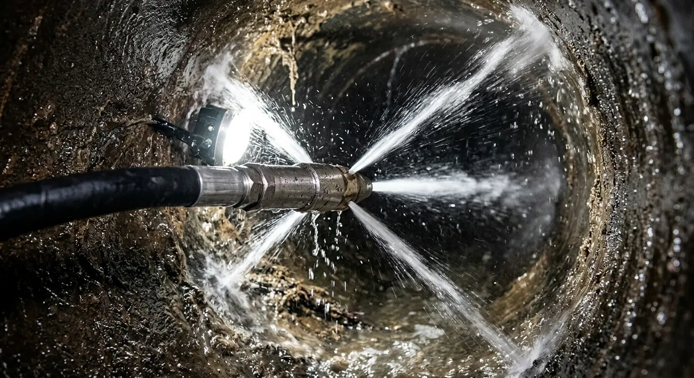 High-pressure hydro jetting nozzle cleaning sewer pipe for Emergency Drain Service in Leonia