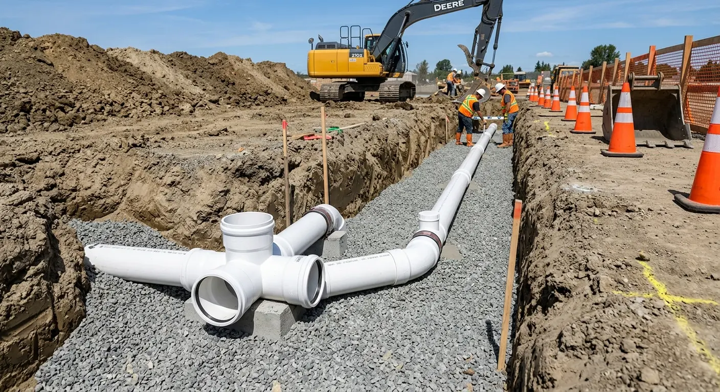 New PVC sewer pipe installation in open trench for Sewer Backup in Leonia